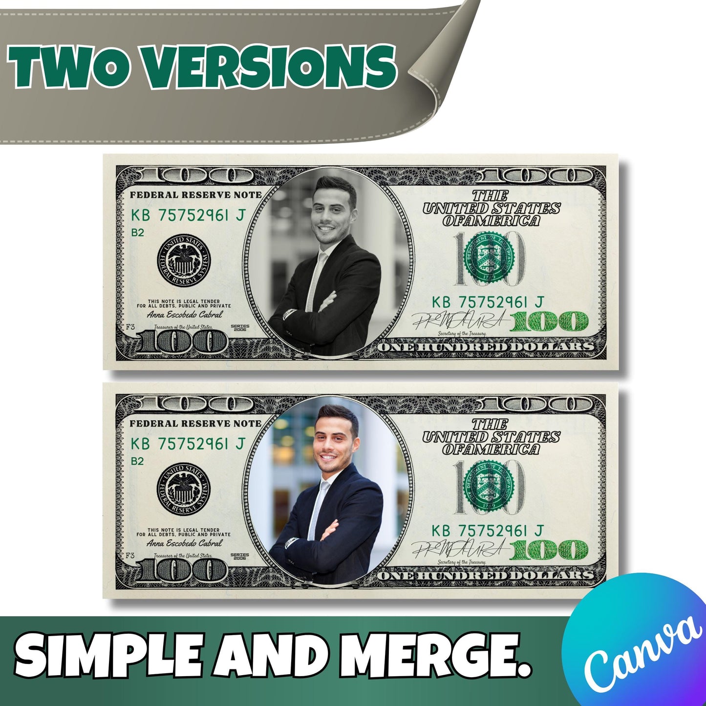 Custom Dollar Bill Canva Template | Editable 100 Dollar Note Design | Add Your Face & Text | Funny Printable Gift for Birthday or Graduation