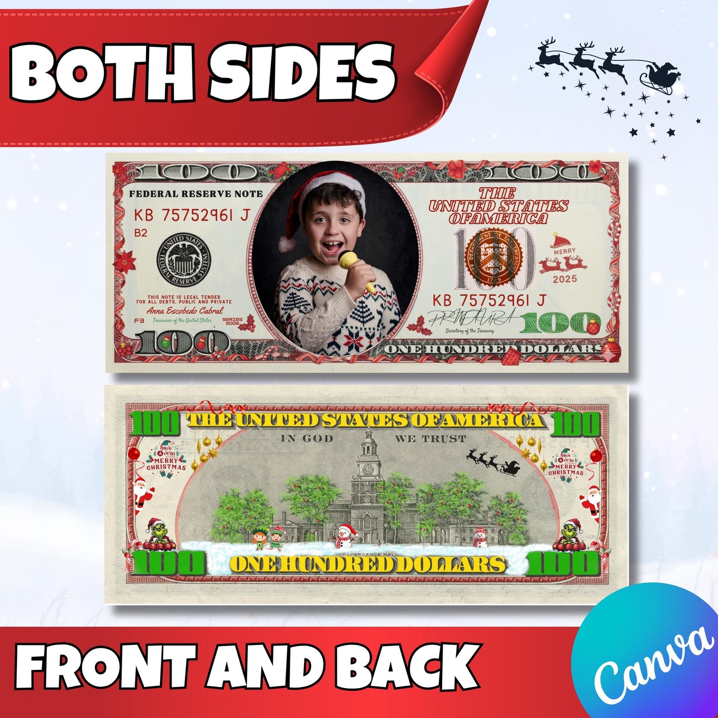 Printable Editable Canva Christmas Dollar Bill Template  Add Your Face or Photo to Holiday Money Instant Digital Download for Christmas gift