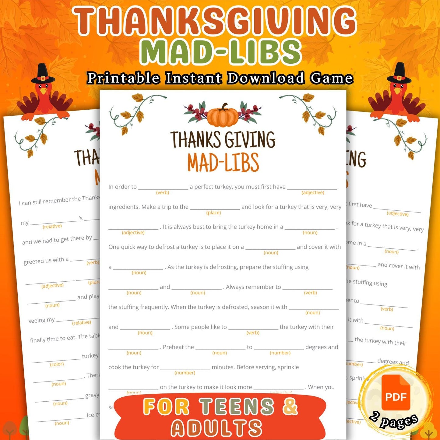 Thanksgiving Mad Libs | Fall Story Fill-In-The-Blanks Game | Fun Festive Activity for Kids, Teens & Adults | Printable Thanksgiving Game