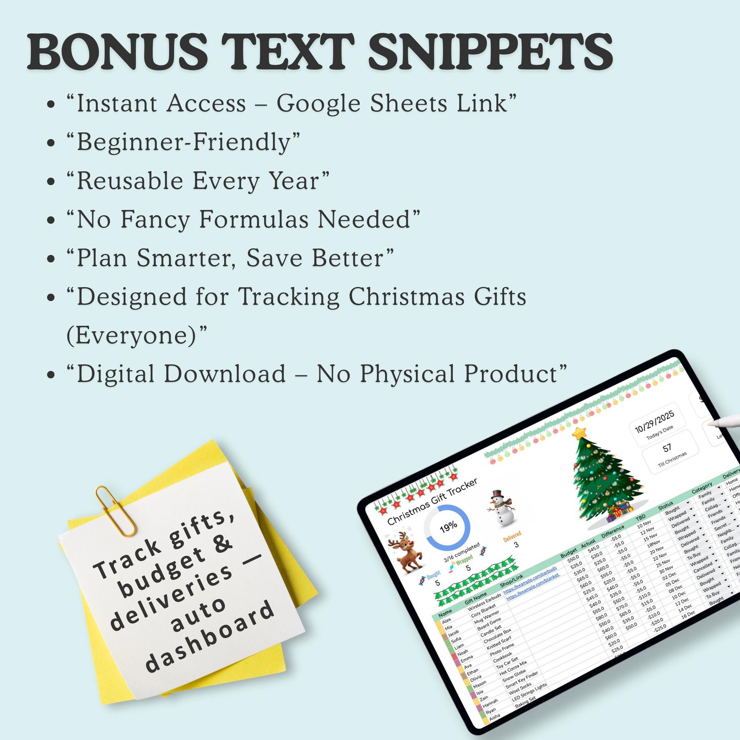 Google Sheets Christmas Gift Tracker Template – Budget, Gifts & Delivery Dashboard, Digital Download