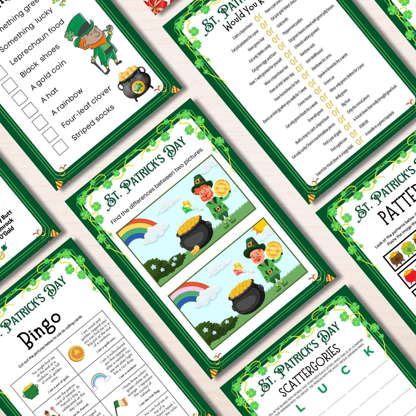 St Patricks Day Games Bundle, St Patricks Party Games for Adults, Kids St Patricks Classroom Games, Leprechaun, Bingo, Candy dice Trivia