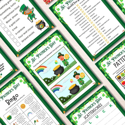 St Patricks Day Games Bundle, St Patricks Party Games for Adults, Kids St Patricks Classroom Games, Leprechaun, Bingo, Candy dice Trivia