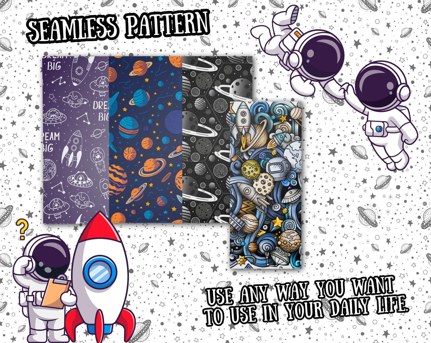 Galaxy & Space Digital Paper Bundle – 300+ Seamless 12x12 Patterns, Astronaut/Rocket/Planet Backgrounds for Scrapbooking, Invites and Crafts