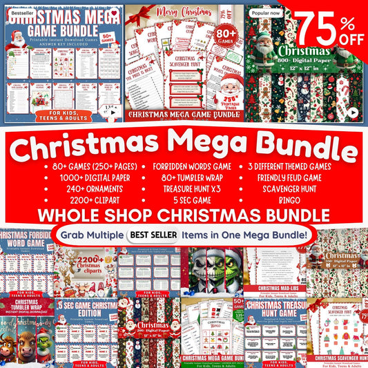Christmas Mega Bundle, Printable Christmas For Kids & Adult, Christmas Party Games And Activities, Xmas Digital Paper, Clipart, Tumbler Wrap