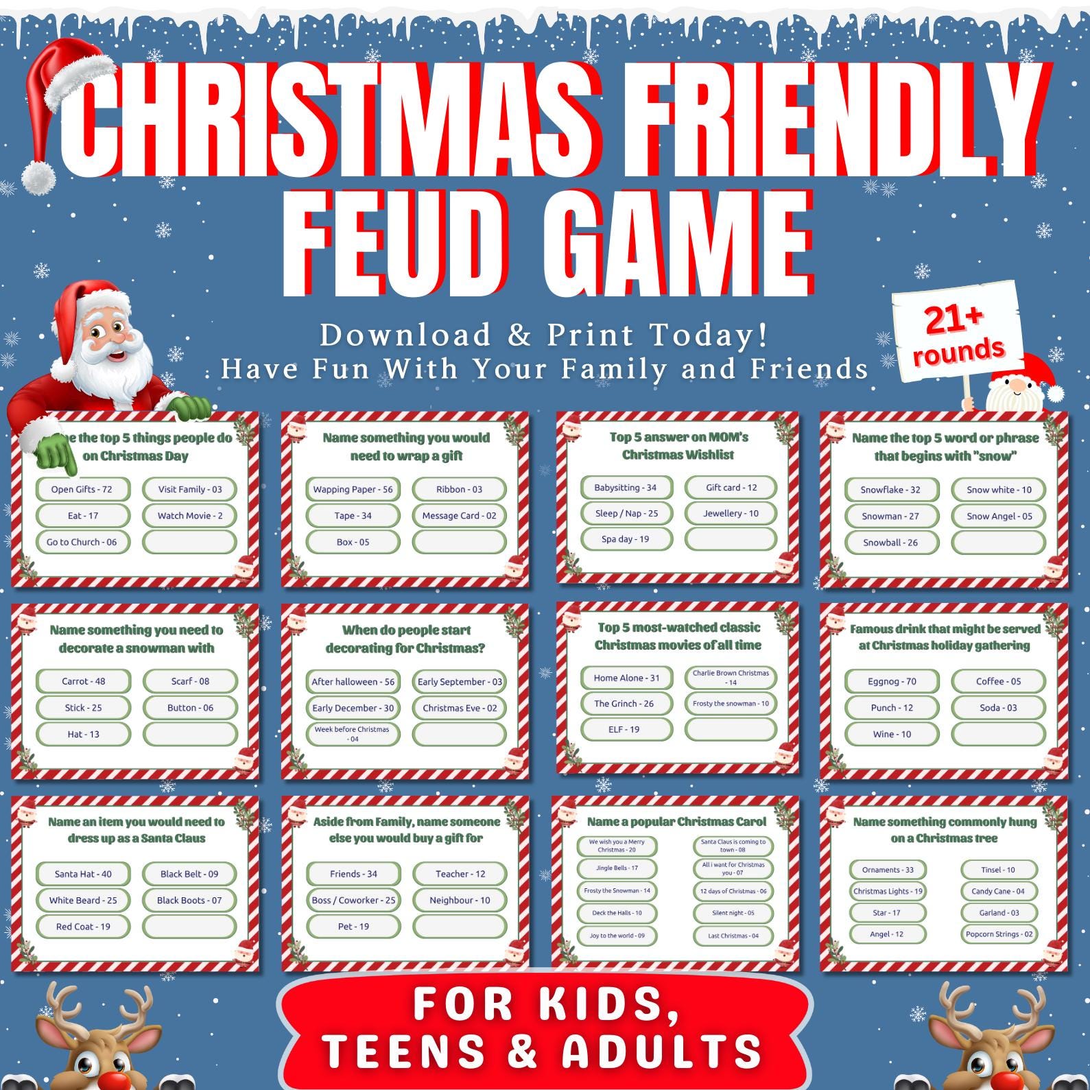 Christmas Friendly Feud, Printable Family Feud, Fun Feud Game, Family Group Game Night, Party Activity, Xmas Friendly Feud For Kids & Adults
