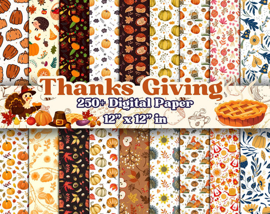 Thanksgiving Watercolor Digital Paper Bundle 12x12 – 250+ Seamless Fall Pumpkin & Leaf Patterns, Scrapbook Paper, Printable Backgrounds