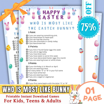 Who Is Most Like the Easter Bunny? | Fun Easter Party Game | Printable Easter Activity for Kids & Adults | Family, Classroom, Church Game