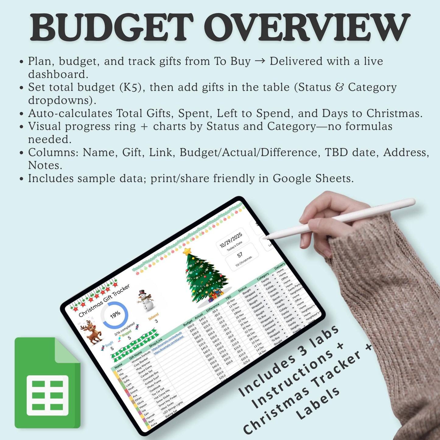 Google Sheets Christmas Gift Tracker Template – Budget, Gifts & Delivery Dashboard, Digital Download