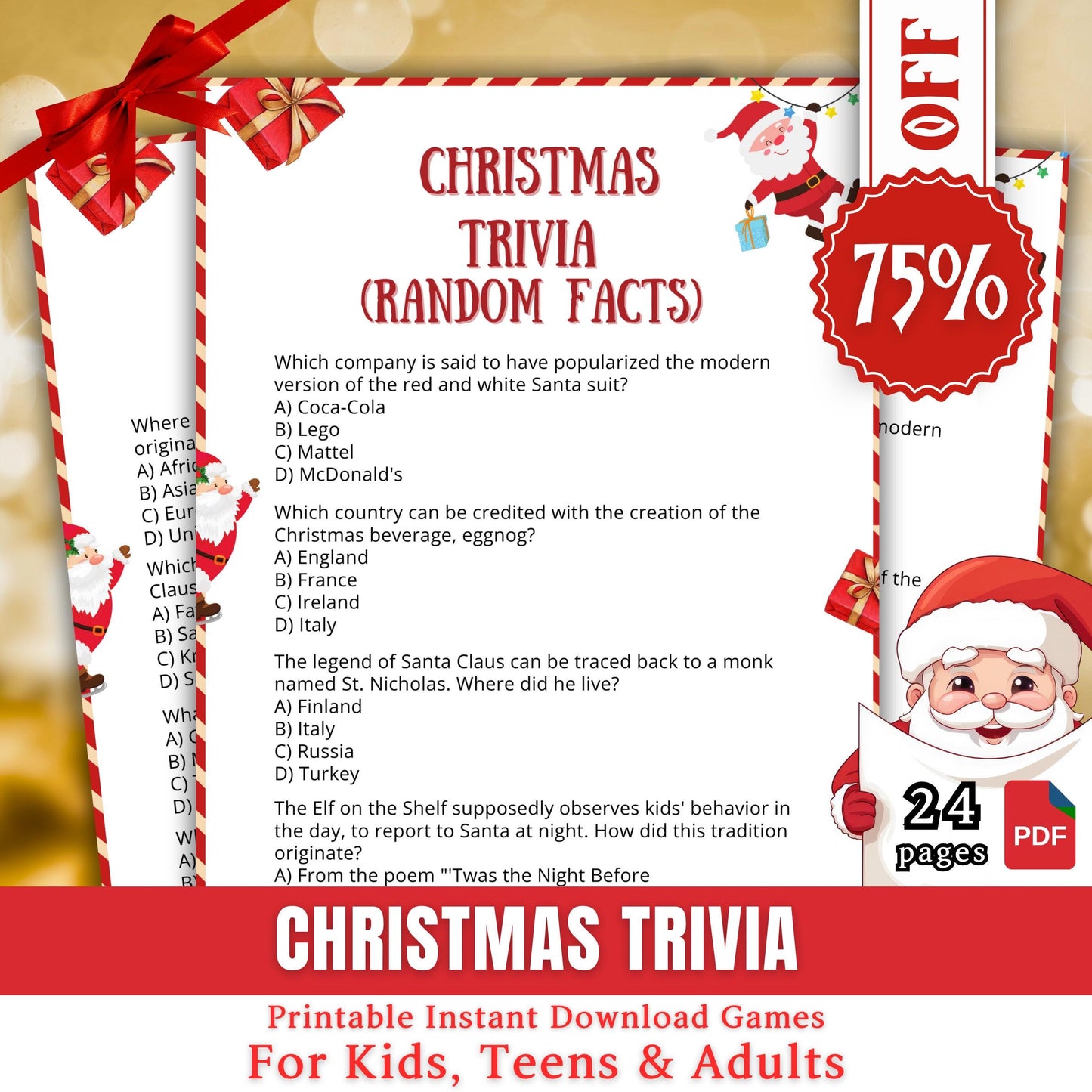 Christmas Trivia Game, Christmas Party Game, Trivia For Kids, Teens & Adults, Printable Game, Holiday Trivia For Family | Office Party Fun