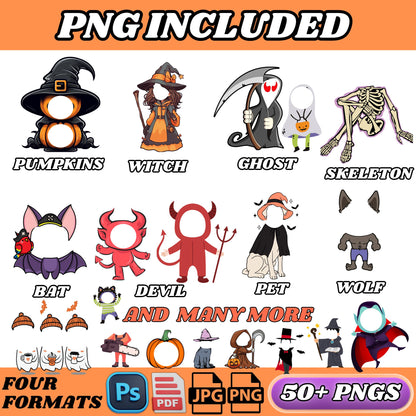 Halloween Face-In-Hole PNGs | 200+ Funny and Spooky Costumes for Kids | Add Your Face Photo Props | Printable Dress Up Party Clipart Bundle