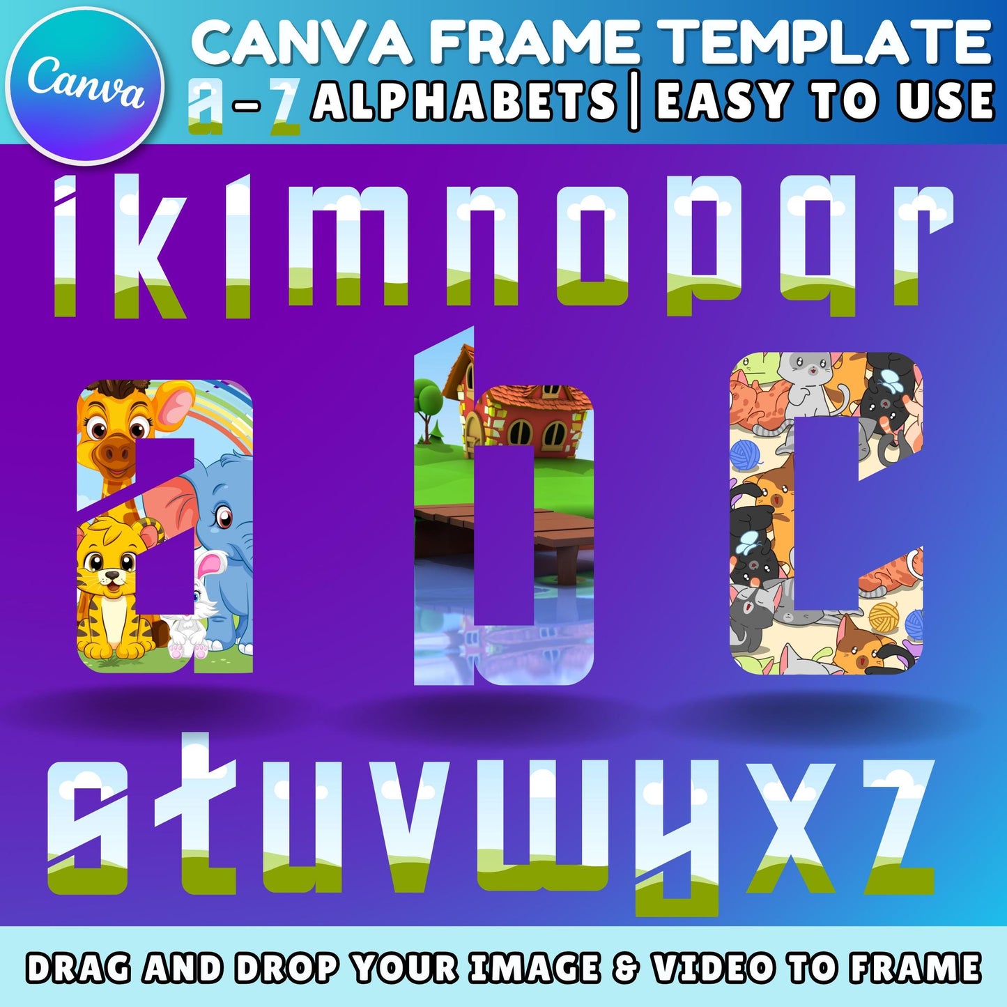 Editable Canva Doodle Alphabet & Numbers | Uppercase Frame Letters Template | Custom Fill Pattern | Canva Clipart Design Bundle