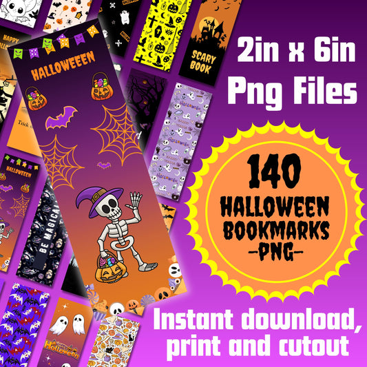 140 Halloween Bookmark PNG Bundle – 2x6” Printable Spooky Bookmarks for Kids & Adults, Ghost Pumpkin Cat Witch Designs, Instant Download