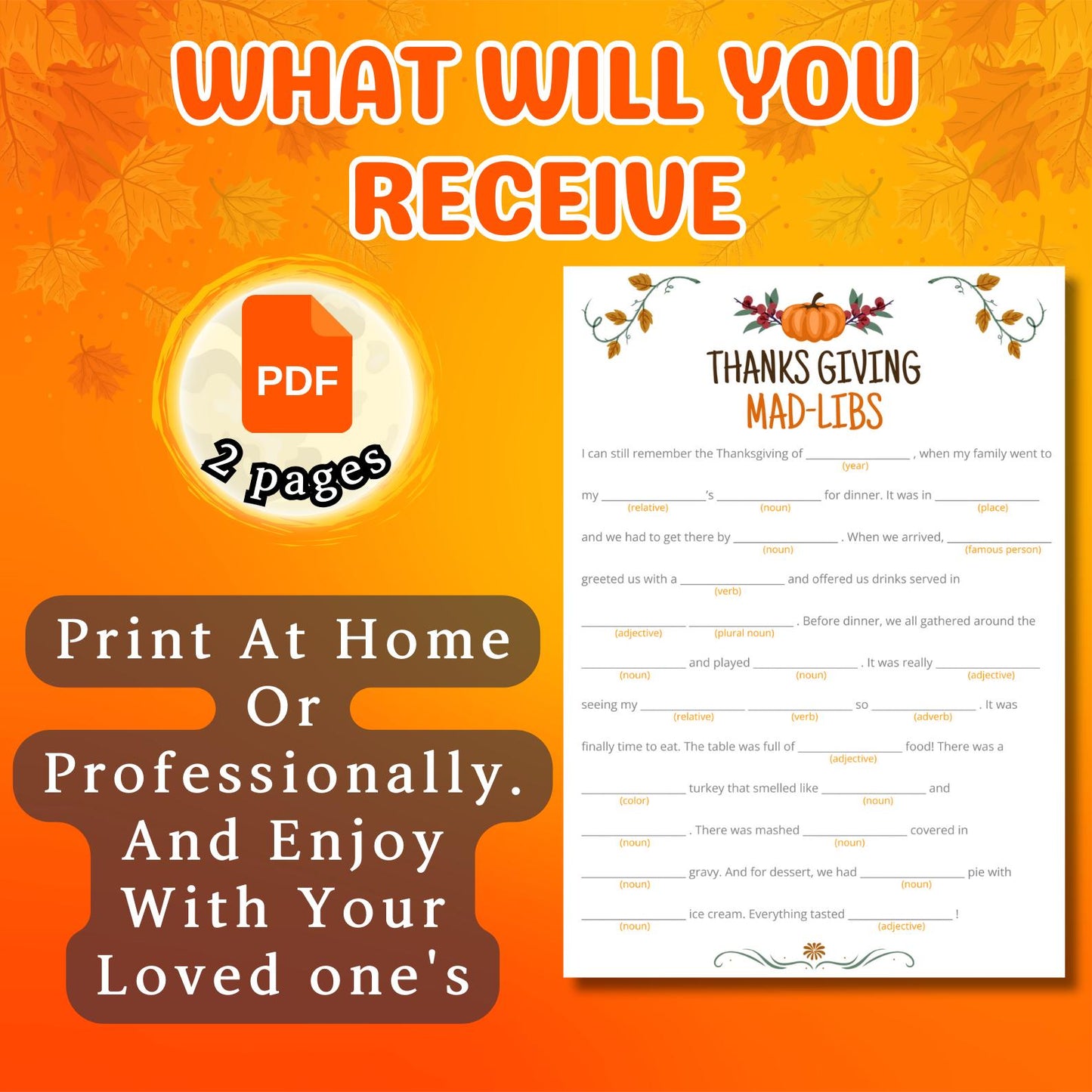 Thanksgiving Mad Libs | Fall Story Fill-In-The-Blanks Game | Fun Festive Activity for Kids, Teens & Adults | Printable Thanksgiving Game