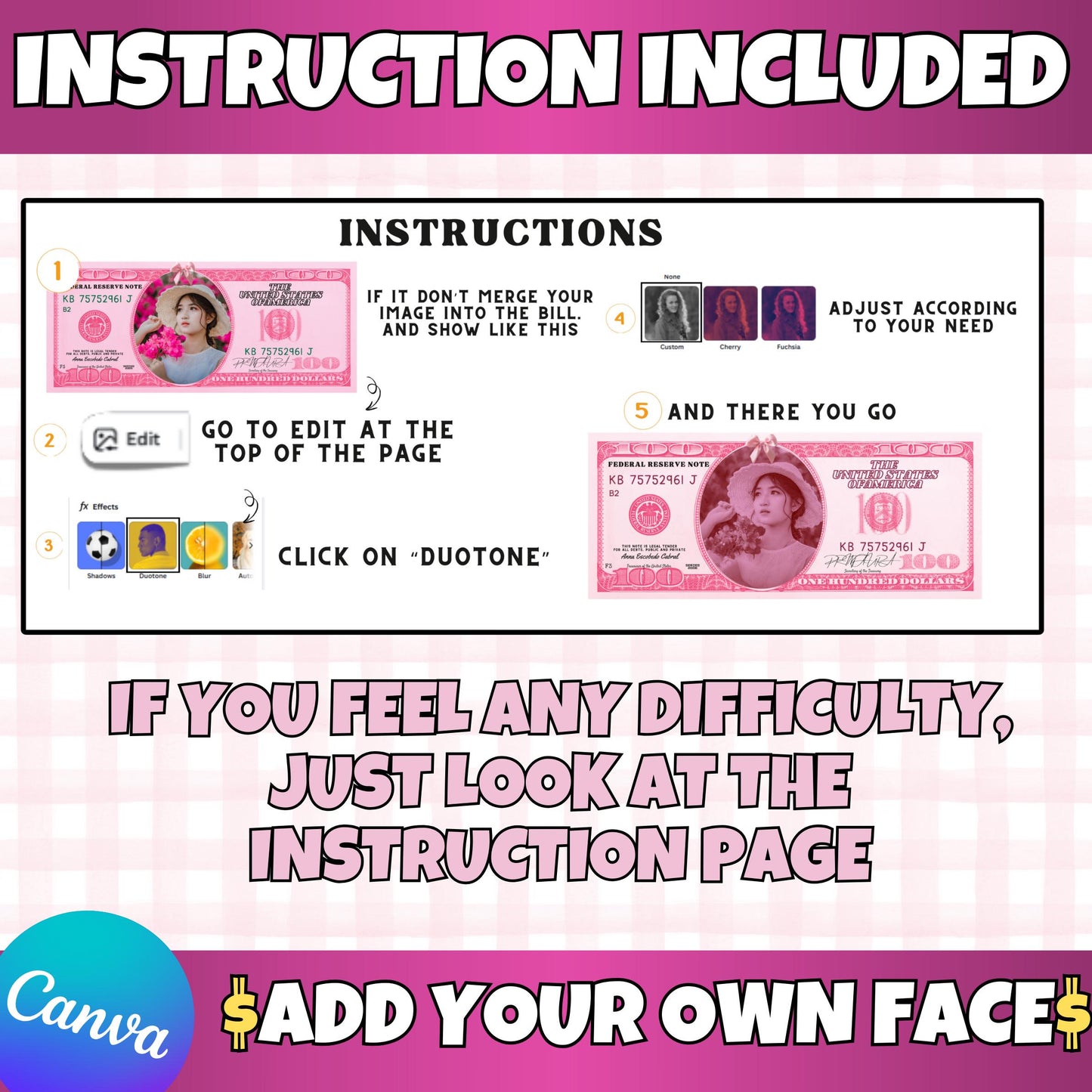 Personalized Pink 100 Dollar Bill Canva Template – Add Your Face – Editable Printable Prop Money, Both Sides, Party Favor | Instant Download