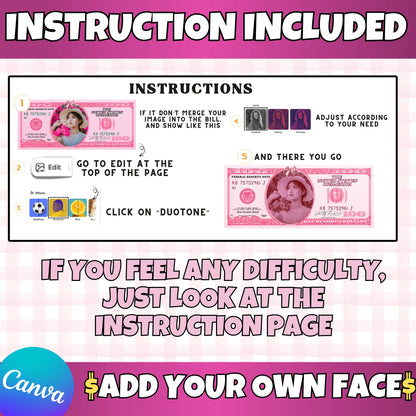 Personalized Pink 100 Dollar Bill Canva Template – Add Your Face – Editable Printable Prop Money, Both Sides, Party Favor | Instant Download