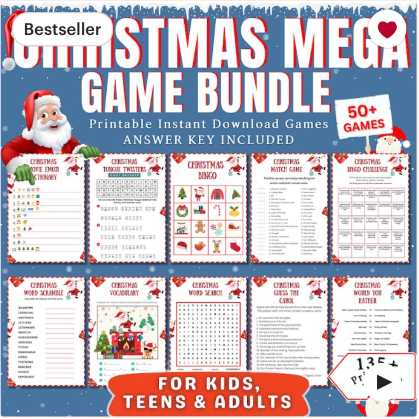 Christmas Game Mega Bundle PLR MRR | 50+ Printable Games for Kids & Adults | Bingo, Mad Libs, Scavenger Hunt | Fun Holiday Party Kit