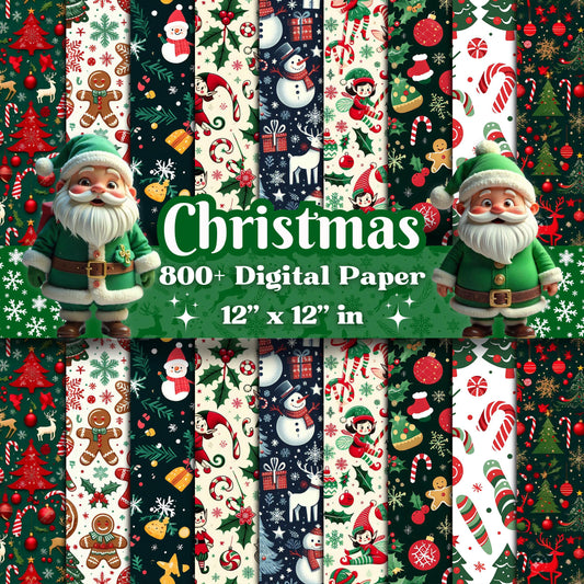 800+ Christmas Digital Paper Bundle, Christmas Season Paper, Christmas Scrapbook, Santa, Snowflake, Christmas Tree, Reindeer, Commercial Use