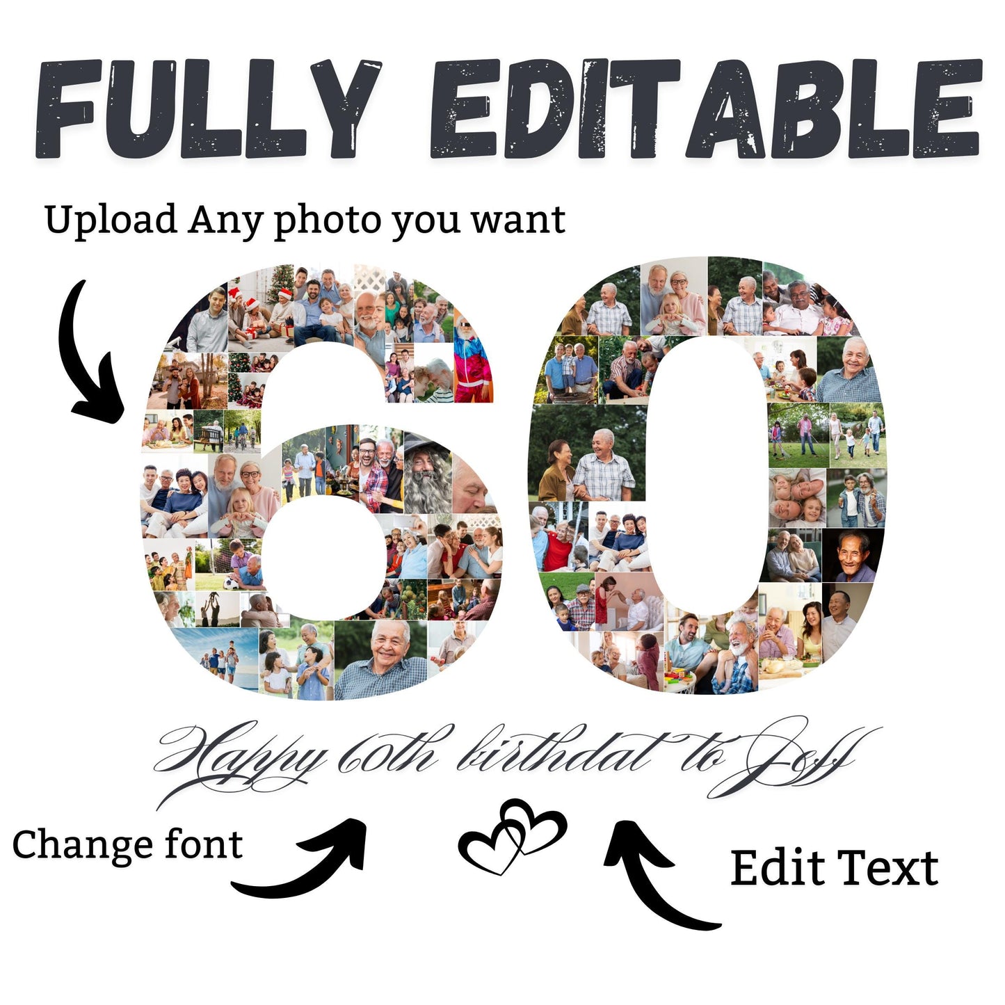 Personalized 60th Birthday Photo Collage | Custom Birthday Gift for Him, Her, Mom, Dad, Grandma & Grandpa | Family Keepsake | Canva Template