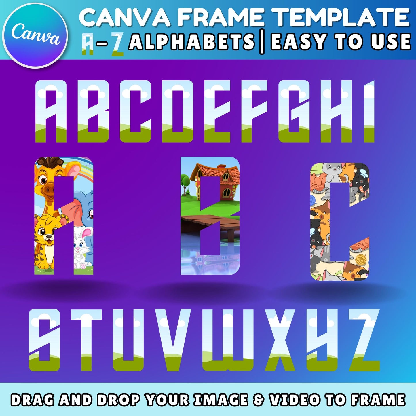 Editable Canva Doodle Alphabet & Numbers | Uppercase Frame Letters Template | Custom Fill Pattern | Canva Clipart Design Bundle