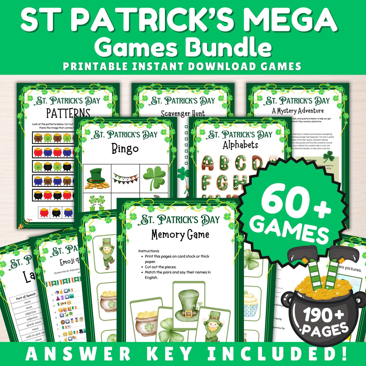 St Patricks Day Games Bundle, St Patricks Party Games for Adults, Kids St Patricks Classroom Games, Leprechaun, Bingo, Candy dice Trivia