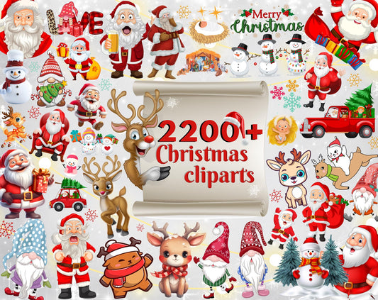 2200+ Christmas Clipart Bundle, Cute Santa Clipart, Reindeer, Snowman, Elf, Winter Holiday Clipart, PNG Festive, Xmas PNGs, Commercial Use