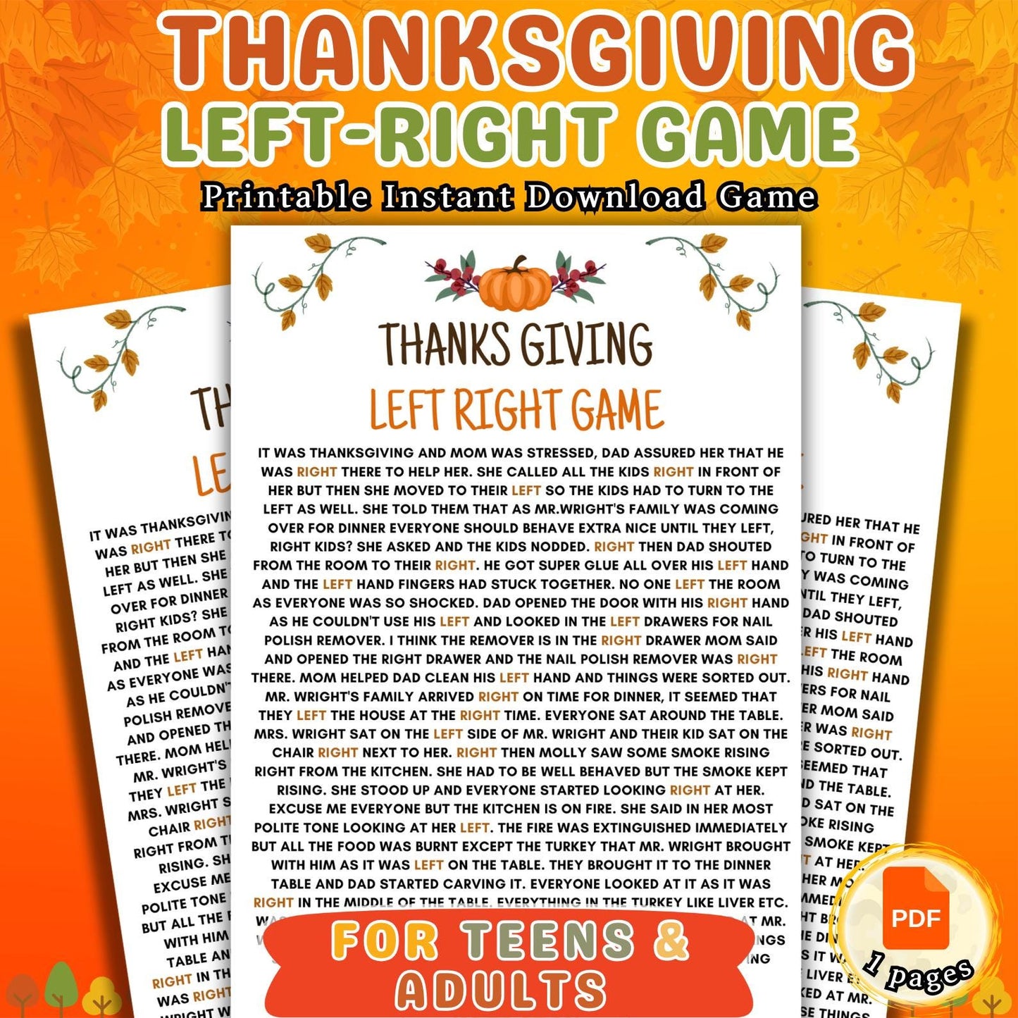 Thanksgiving Left Right Game, Thanksgiving Games, Friendsgiving Games, Thanksgiving Party Game, Pass The Present, Pass The Gift Game, Pdf