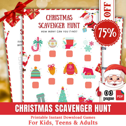 Christmas Scavenger Hunt Game, Printable Scavenger Hunt For Christmas Party Night, Family Gathering, Christmas Game For Kids, Teens & Adults