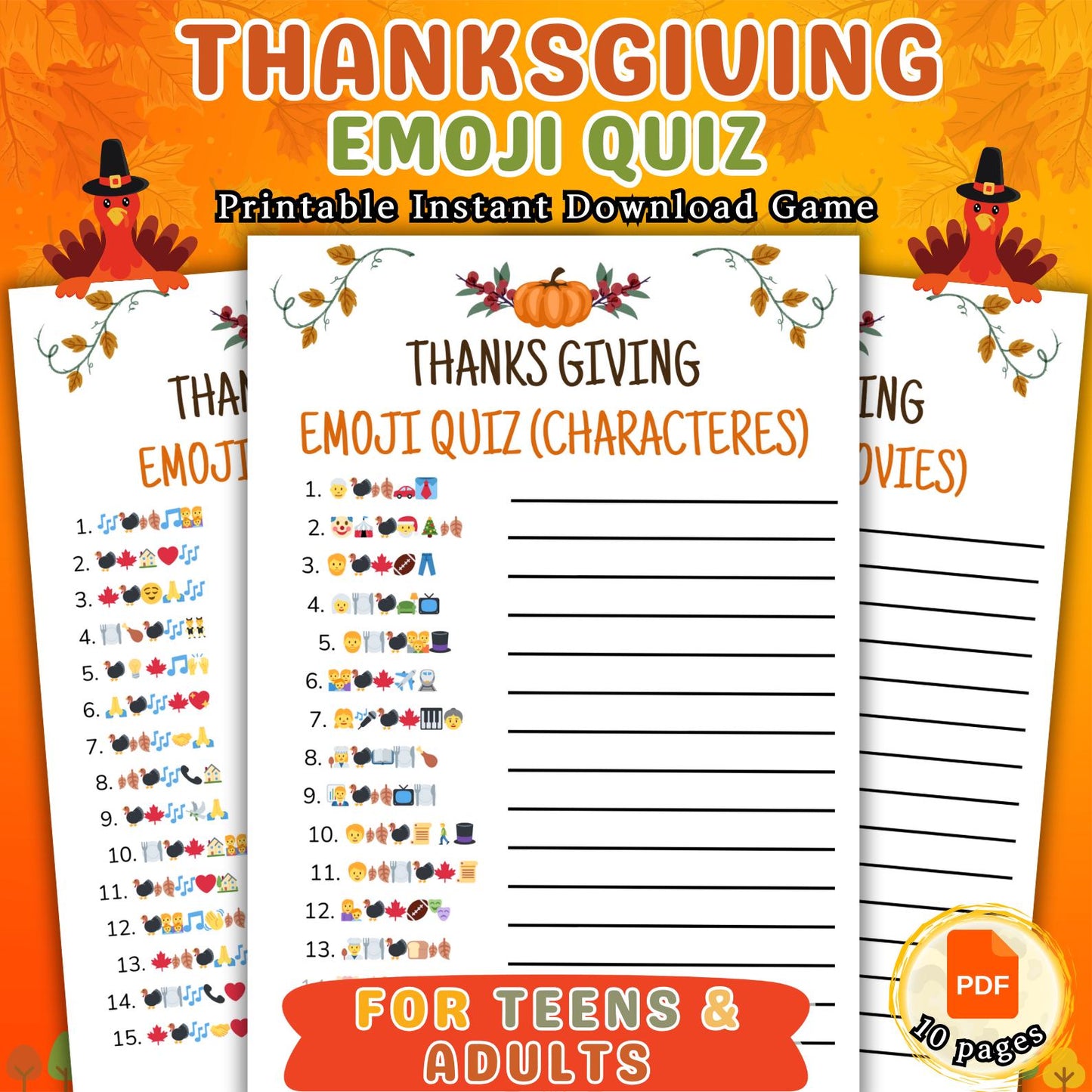 Thanksgiving Emoji Game, Printable Thanksgiving Game For Kids Adults Family Dinner Table Activity, Fun Party Trivia, Friendsgiving Game Pdf