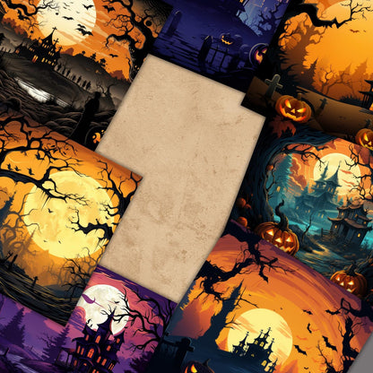Halloween Digital Paper Bundle 12x12 – 40+ Seamless Landscape Backgrounds, Haunted House & Pumpkin Scenes, Scrapbook Paper, Instant Download
