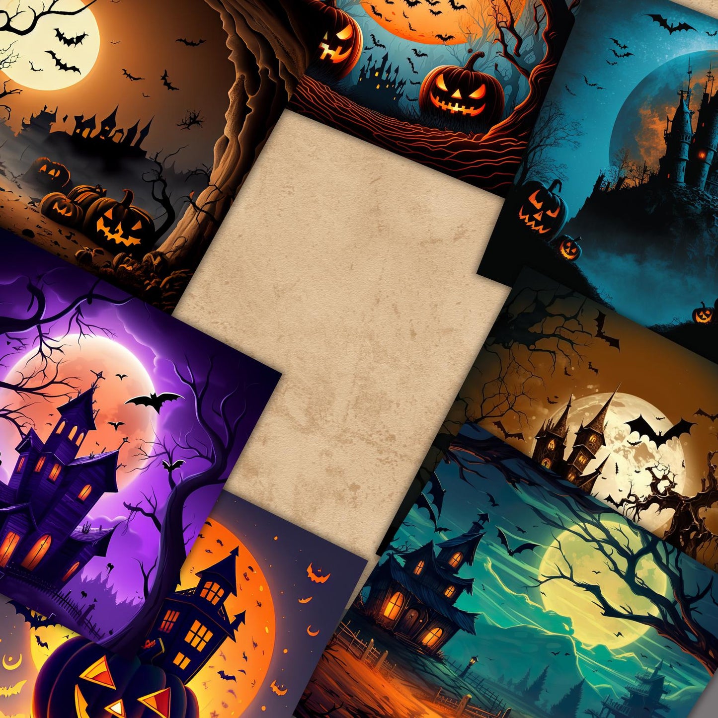 Halloween Digital Paper Bundle 12x12 – 40+ Seamless Landscape Backgrounds, Haunted House & Pumpkin Scenes, Scrapbook Paper, Instant Download