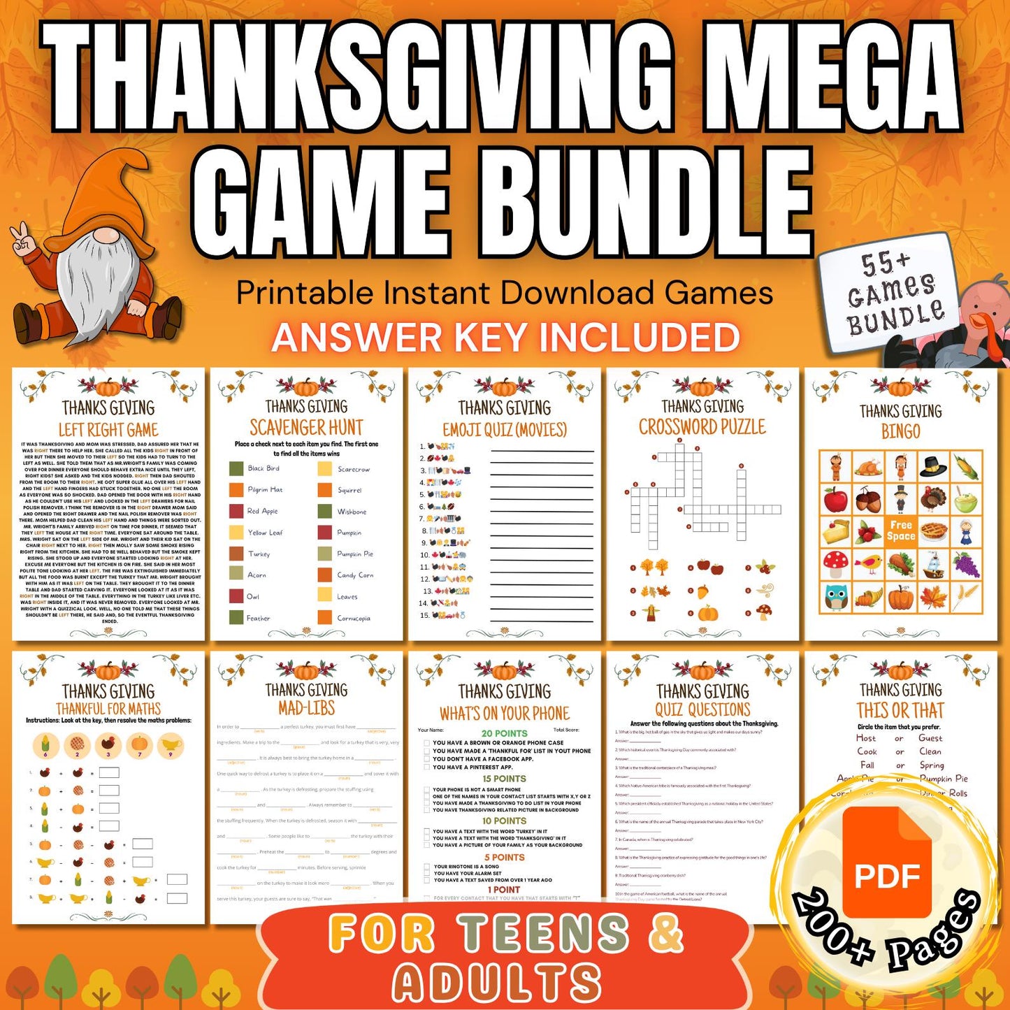 Thanksgiving Printable Games | 200+ Thanksgiving Games Bundle | Thanksgiving Kids Teens & Adults Games | Thanksgiving Trivia Games