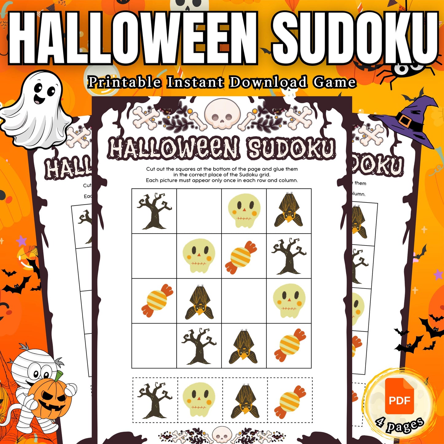 Halloween Sudoku Puzzle Game | Spooky-Themed Sudoku for All Ages | Printable Halloween Activity | Fun | Challenging Puzzle for Kids & Adults