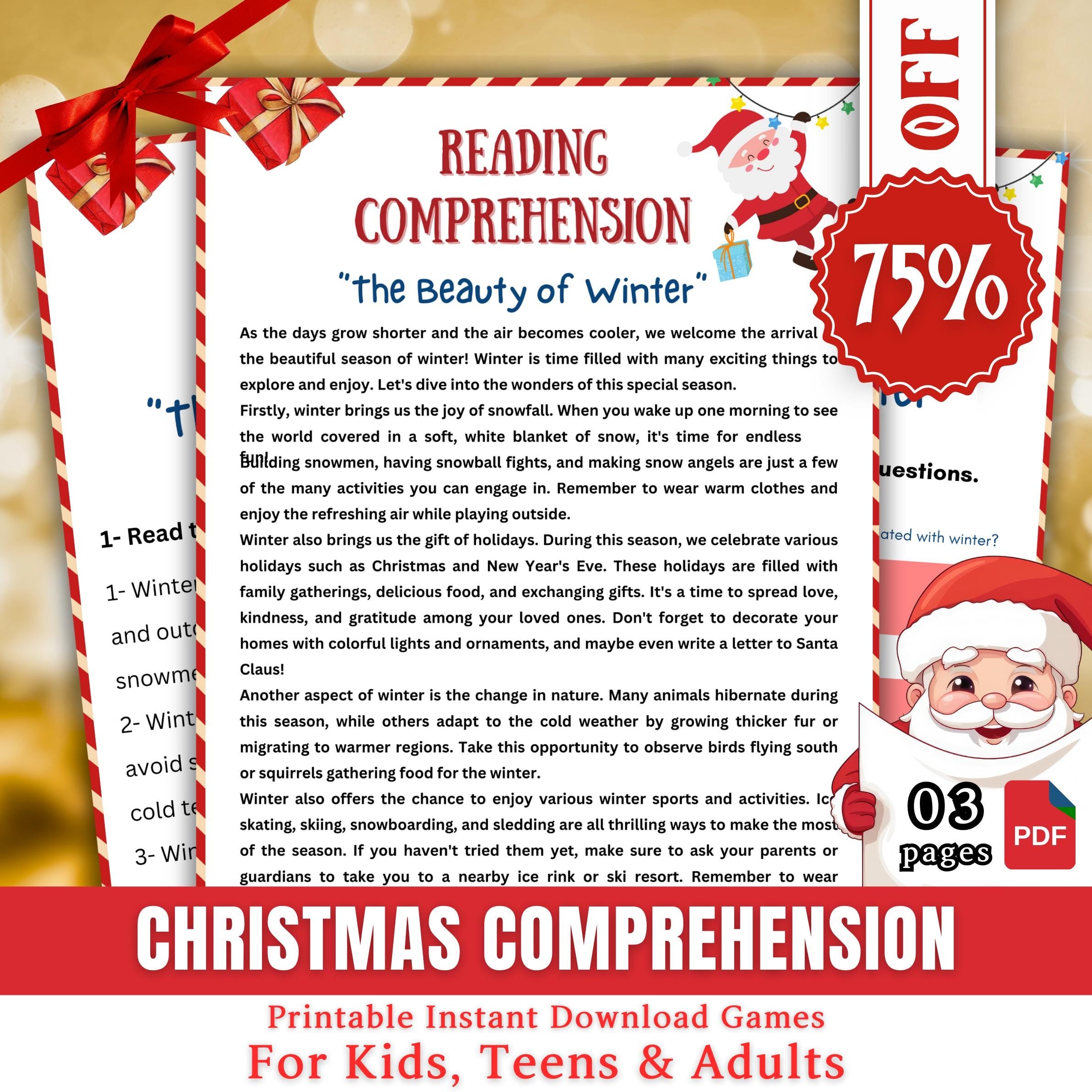 Christmas Comprehension Game, Christmas Reading Printable Game For Kids & Adults, Family Dinner Game, Office And Classroom Activity Fun
