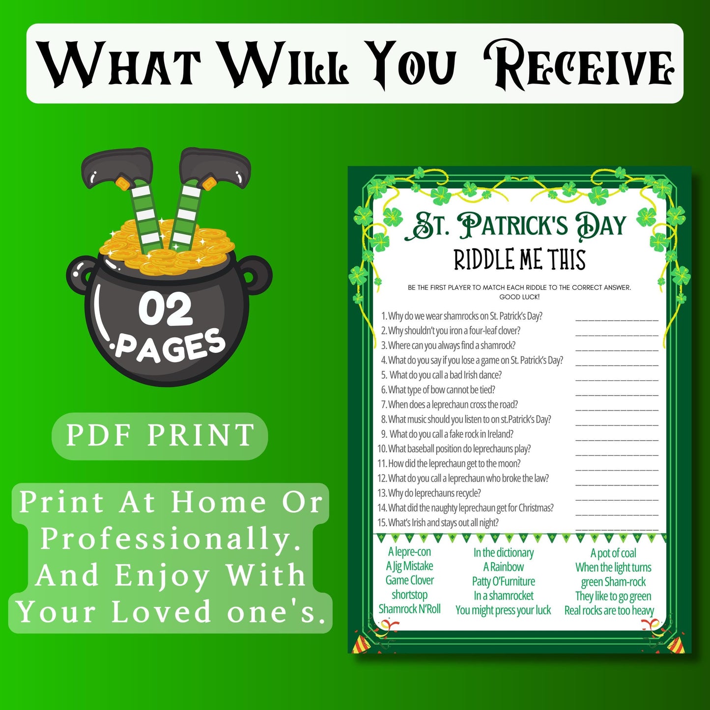 St. Patrick's Day Riddle Me This Game | Printable Trivia, Party Game for Kids & Adults | Fun St. Paddy's Day Activity | St. Patrick's Game
