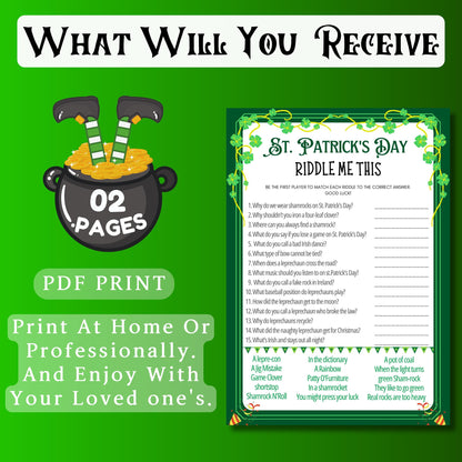 St. Patrick's Day Riddle Me This Game | Printable Trivia, Party Game for Kids & Adults | Fun St. Paddy's Day Activity | St. Patrick's Game