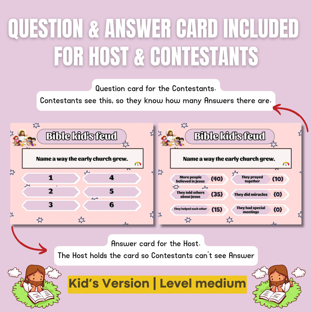 Bible Family Feud Game for Kids – Medium Level Printable Bible Trivia | 100+ Cards for Sunday School, Homeschool | Church | A4 & US Sizes