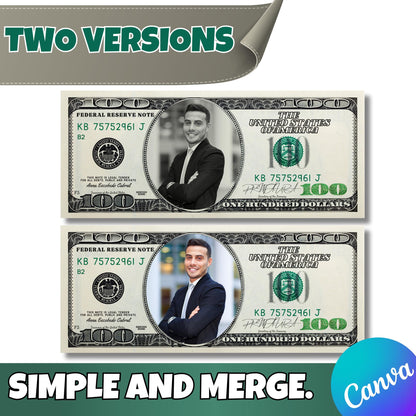 Custom Dollar Bill Canva Template | Editable 100 Dollar Note Design | Add Your Face & Text | Funny Printable Gift for Birthday or Graduation