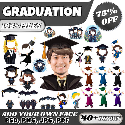 Graduation Cap and Gown PNG PSD Templates | Add Your Face Graduation Clipart | Editable Graduation Couple & Friends Printable Bundle