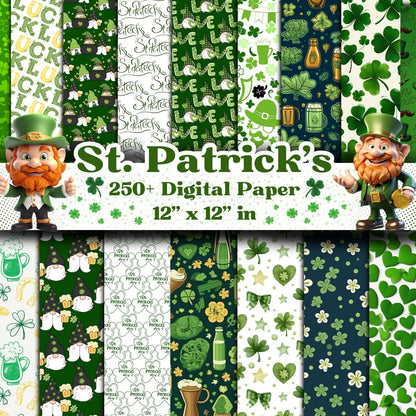 St Patricks Digital Paper Pack - Printable graphic design patterns, backgrounds, green papers, lucky shamrocks, Irish tartan plaid papers