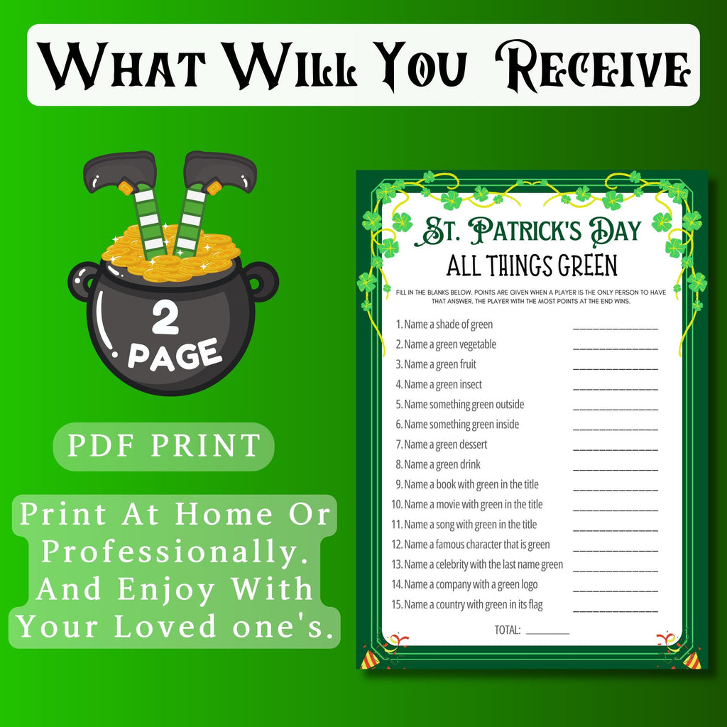 All Things Green St. Patrick's Day Game | Fun Irish Trivia & Word Challenge | St. Paddy's Party Game | Kids and Adults Printable Activity
