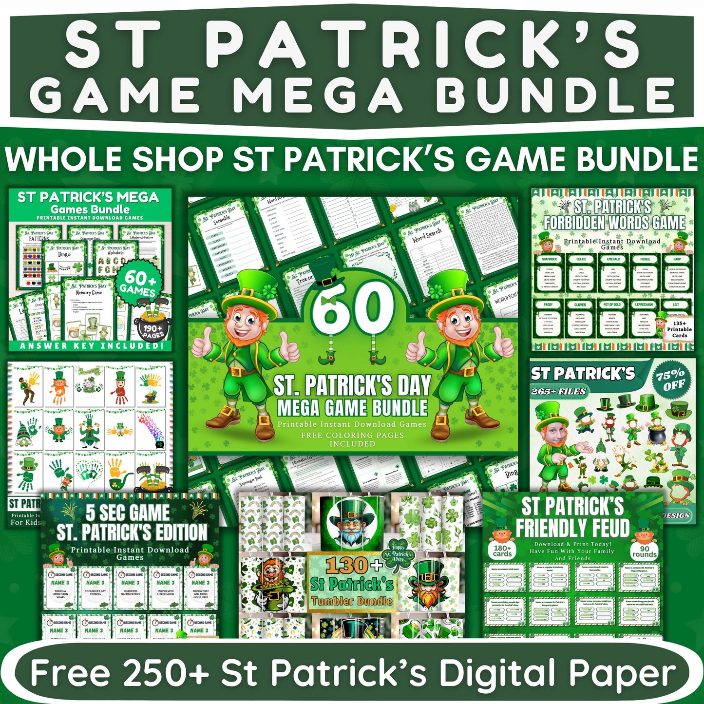 St Patricks Day Mega Bundle, Add Your Face, Friendly Feud, 5 Sec & Taboo Word Game, 60+ Games, 250+ Digital Paper, Handprint, Coloring Pages
