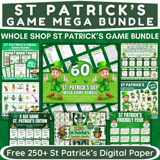 St Patricks Day Mega Bundle, Add Your Face, Friendly Feud, 5 Sec & Taboo Word Game, 60+ Games, 250+ Digital Paper, Handprint, Coloring Pages