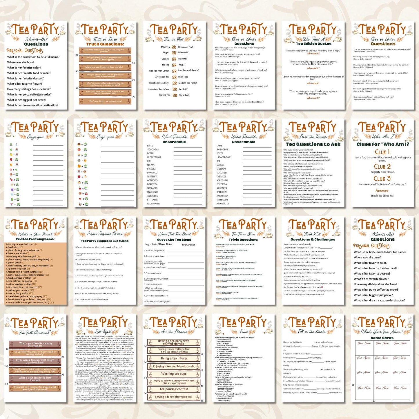 Tea Party Games Super Bundle | 50+ Printable Activities for Garden, Bridal & Ladies Tea Party | Trivia, Riddles, Icebreakers, Office Party