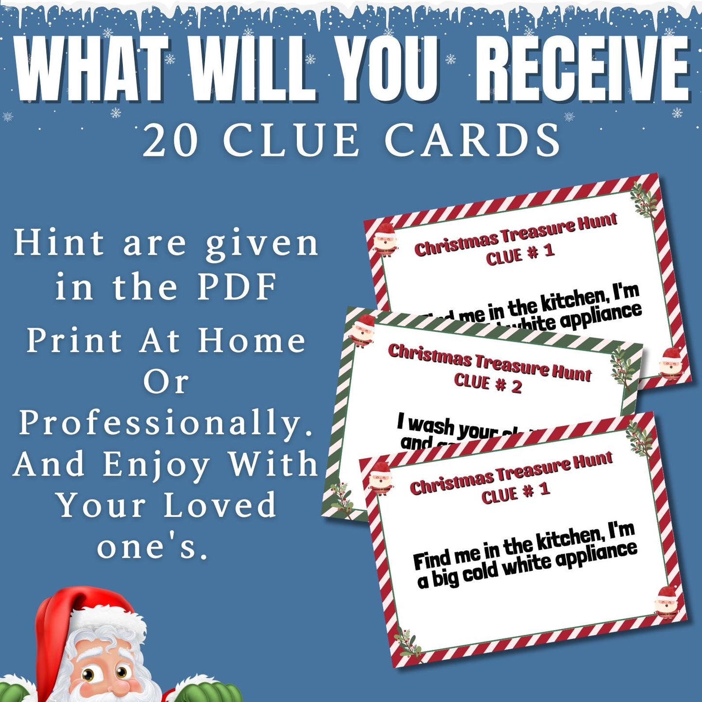 Indoor Christmas Treasure Hunt, Christmas Scavenger Hunt, Christmas Game For Kids & Adults, Christmas Clue Cards For All Ages, Xmas Riddles