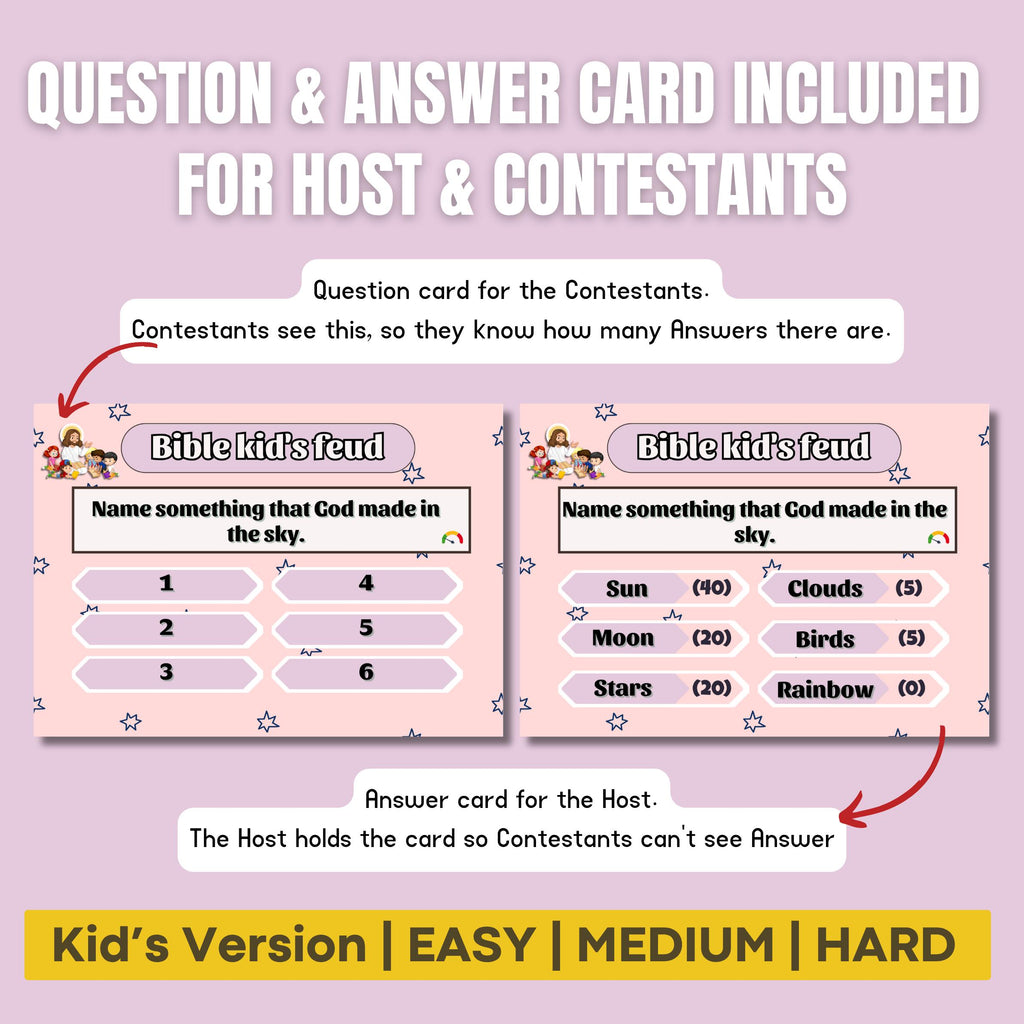 Bible Family Feud Game for Kids – 300+ Printable Cards | Christian Trivia Party Game | Sunday School Activity | Easy to Hard Levels
