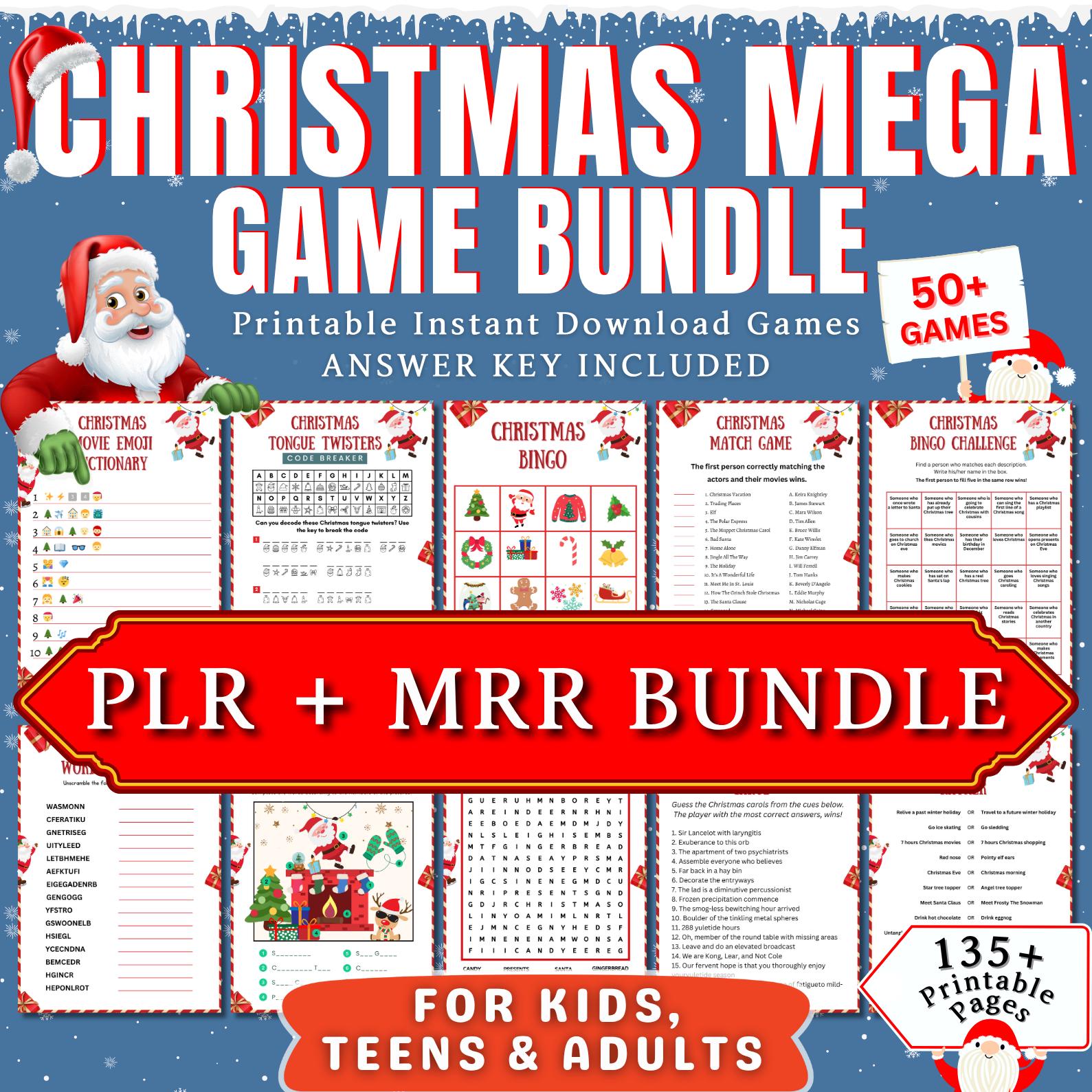 Christmas Game Bundle PLR MRR | 50+ Printable Games for Kids & Adults | Bingo, Emoji Quiz, Word Scramble | 135+ Pages Instant Download