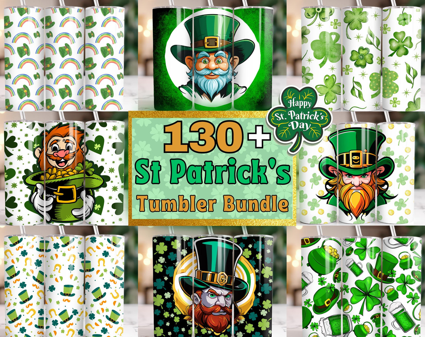 St. Patrick's Day Tumbler Wraps, 130+ PNG Designs, Irish Sublimation Wraps, Shamrock & Lucky Patterns, Green Plaid, Gold Glitter Tumbler PNG