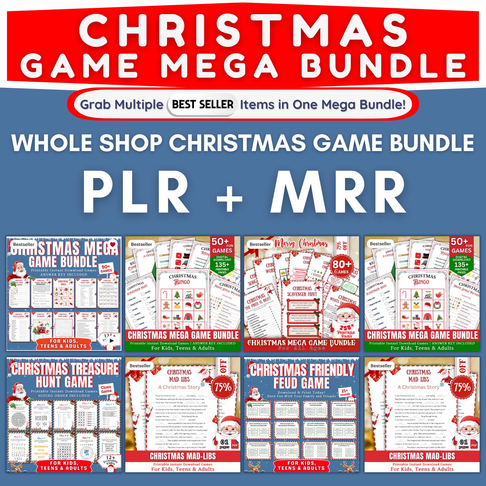 Christmas Game Mega Bundle PLR MRR | 50+ Printable Games for Kids & Adults | Bingo, Mad Libs, Scavenger Hunt | Fun Holiday Party Kit