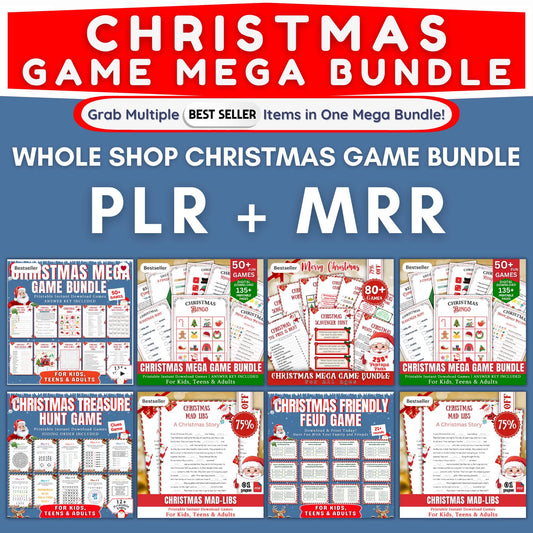 Christmas Game Mega Bundle PLR MRR | 50+ Printable Games for Kids & Adults | Bingo, Mad Libs, Scavenger Hunt | Fun Holiday Party Kit