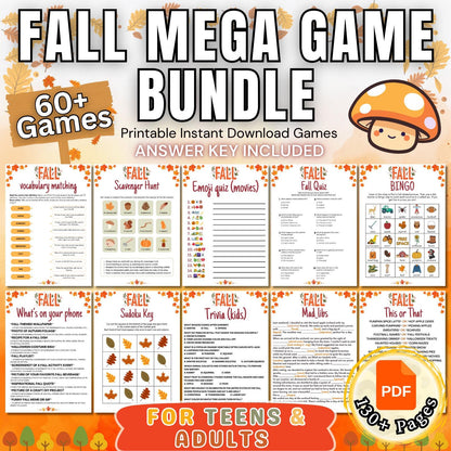 Fall Mega Game Bundle, 60+ Fall Activities for Kids, Teens & Adults, Autumn Games, Classroom Activity, Fall Fun Party Games, Trivia Game